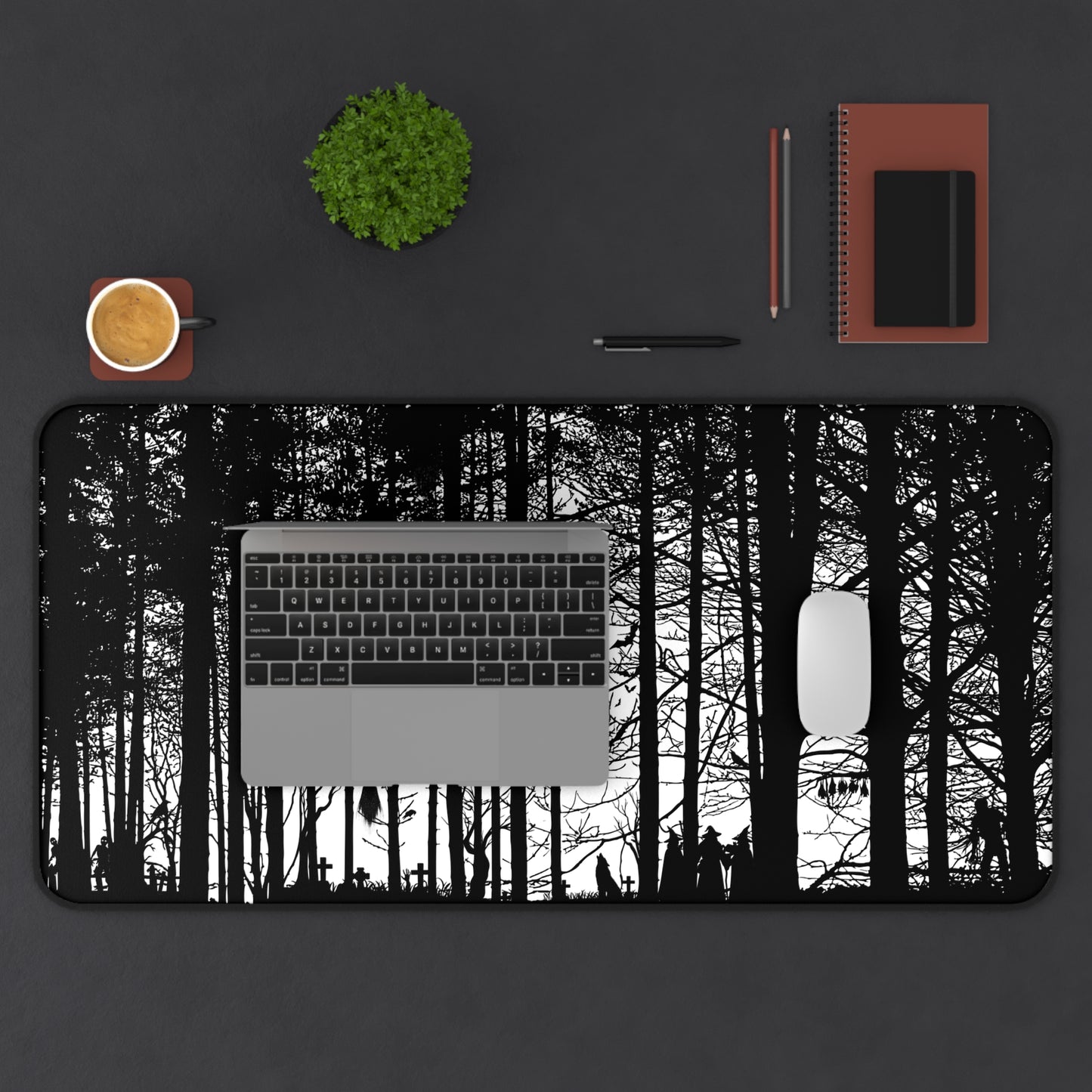 Haunted Woods Silhouette Desk Mat — Black & White Woodland Gaming/Office Mouse Pad