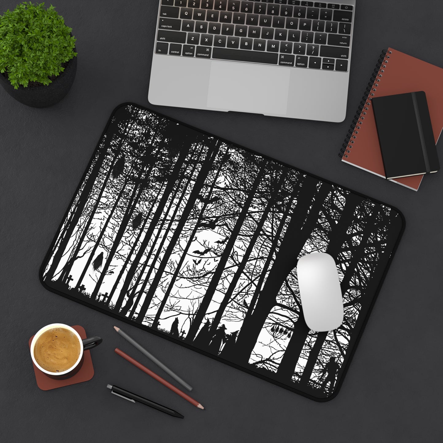 Haunted Woods Silhouette Desk Mat — Black & White Woodland Gaming/Office Mouse Pad
