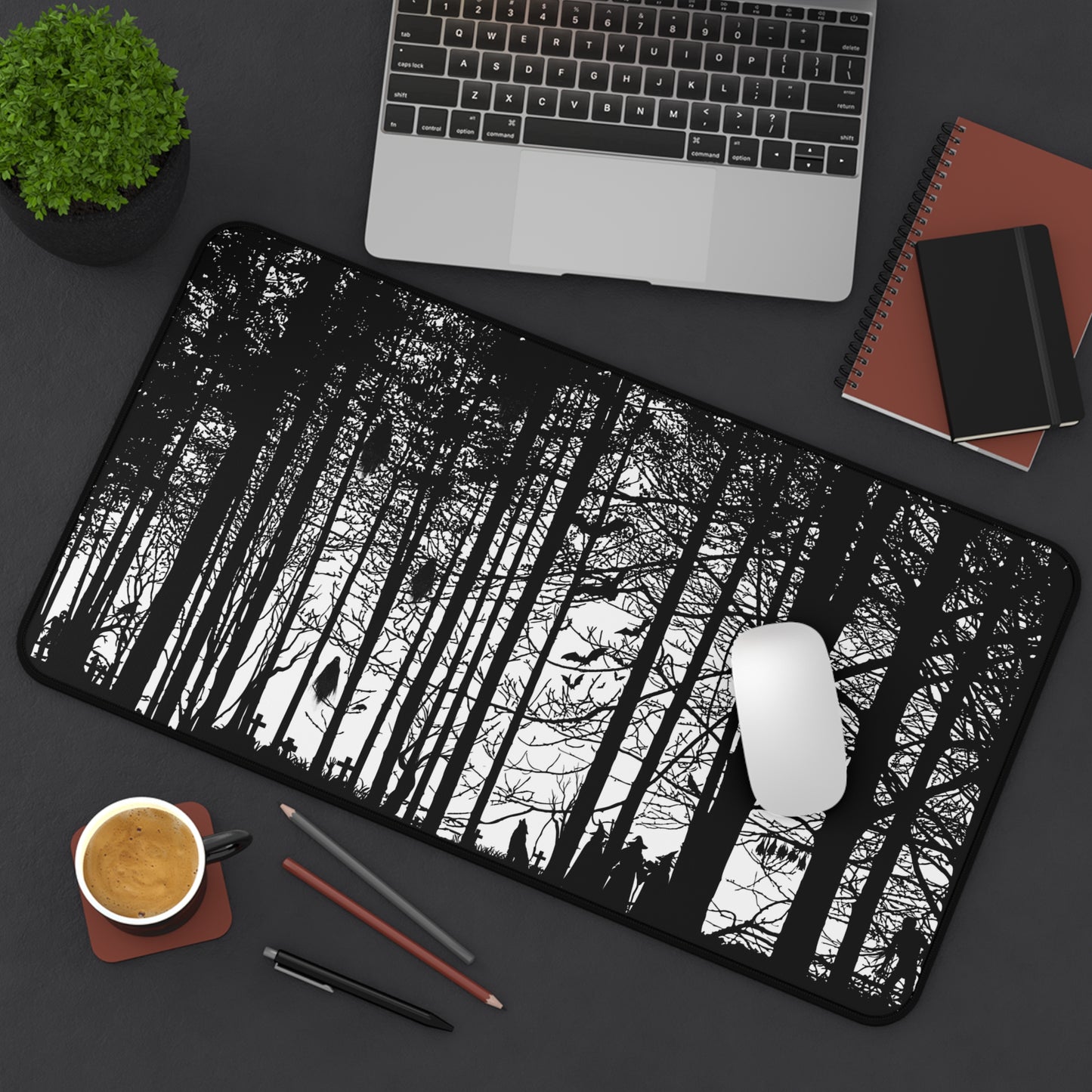 Haunted Woods Silhouette Desk Mat — Black & White Woodland Gaming/Office Mouse Pad