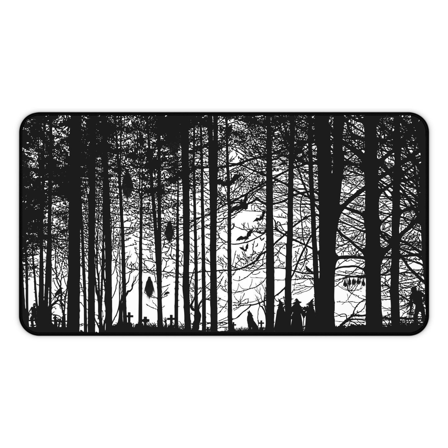Haunted Woods Silhouette Desk Mat — Black & White Woodland Gaming/Office Mouse Pad