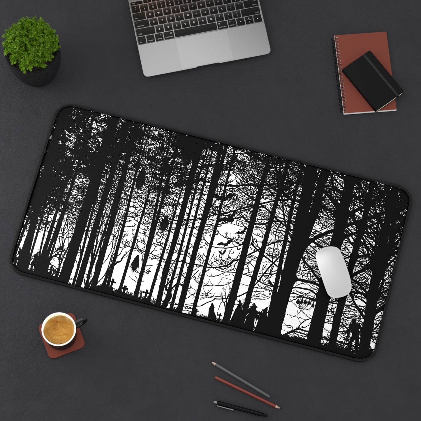Haunted Woods Silhouette Desk Mat — Black & White Woodland Gaming/Office Mouse Pad