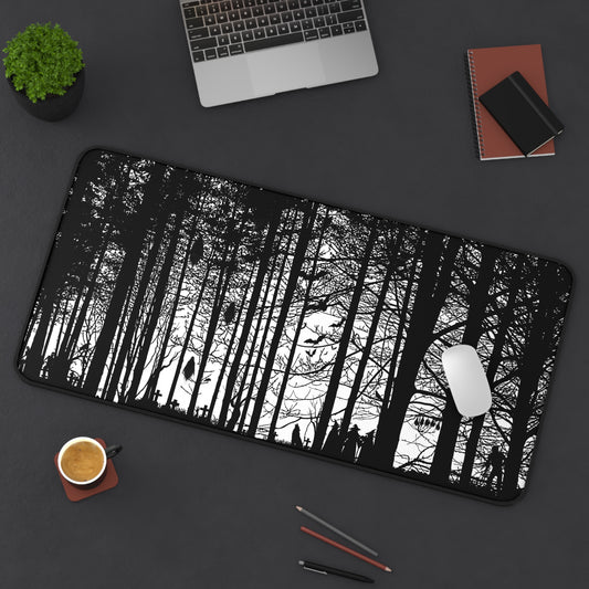 Haunted Woods Silhouette Desk Mat — Black & White Forest Graphic Art Gaming/Office Pad