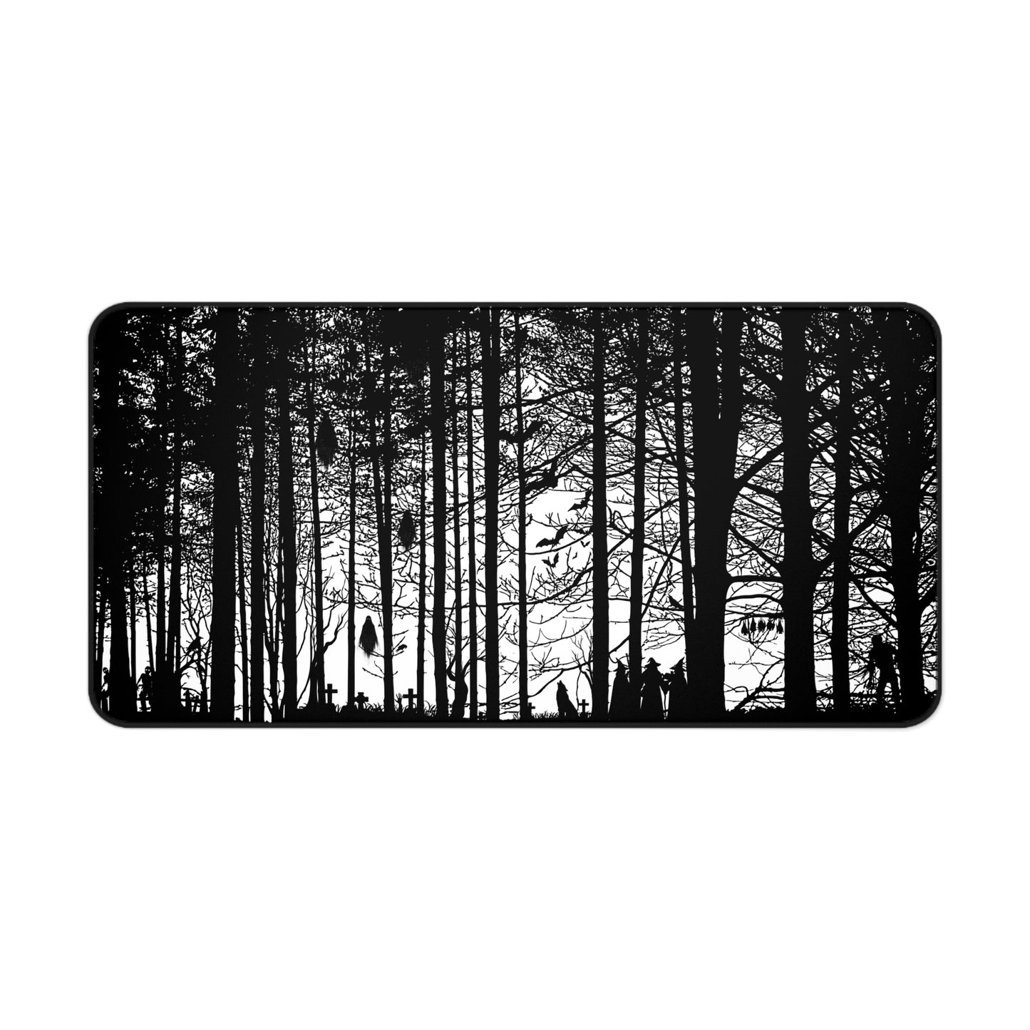 Haunted Woods Silhouette Desk Mat — Black & White Woodland Gaming/Office Mouse Pad