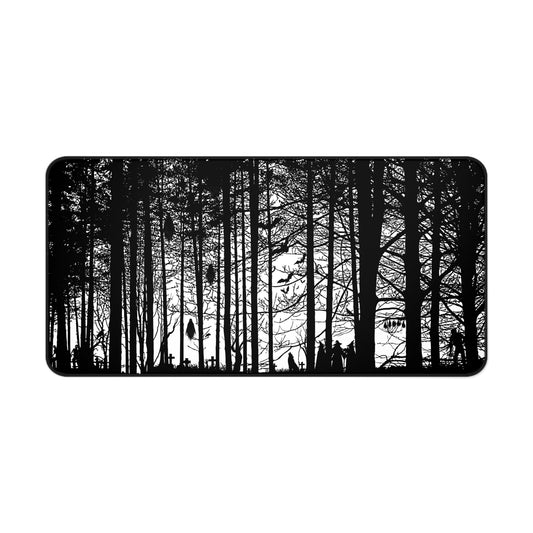 Haunted Woods Silhouette Desk Mat — Black & White Woodland Gaming/Office Mouse Pad