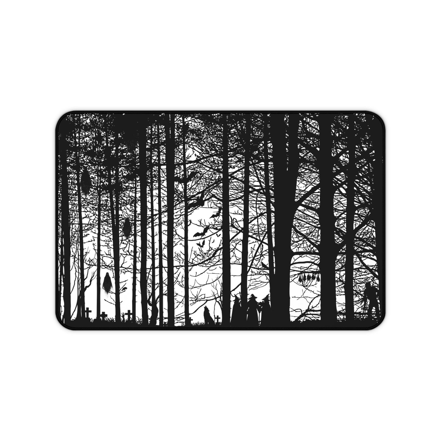 Haunted Woods Silhouette Desk Mat — Black & White Woodland Gaming/Office Mouse Pad