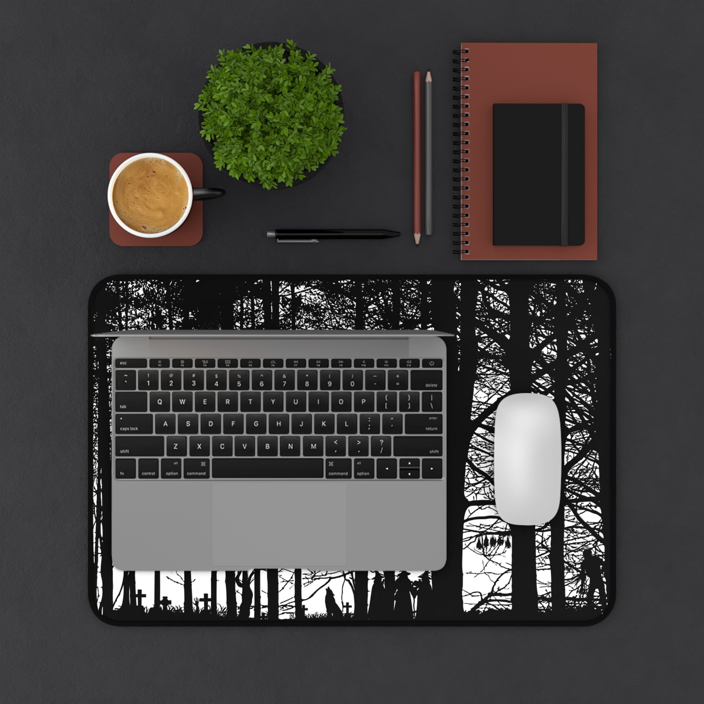 Haunted Woods Silhouette Desk Mat — Black & White Woodland Gaming/Office Mouse Pad