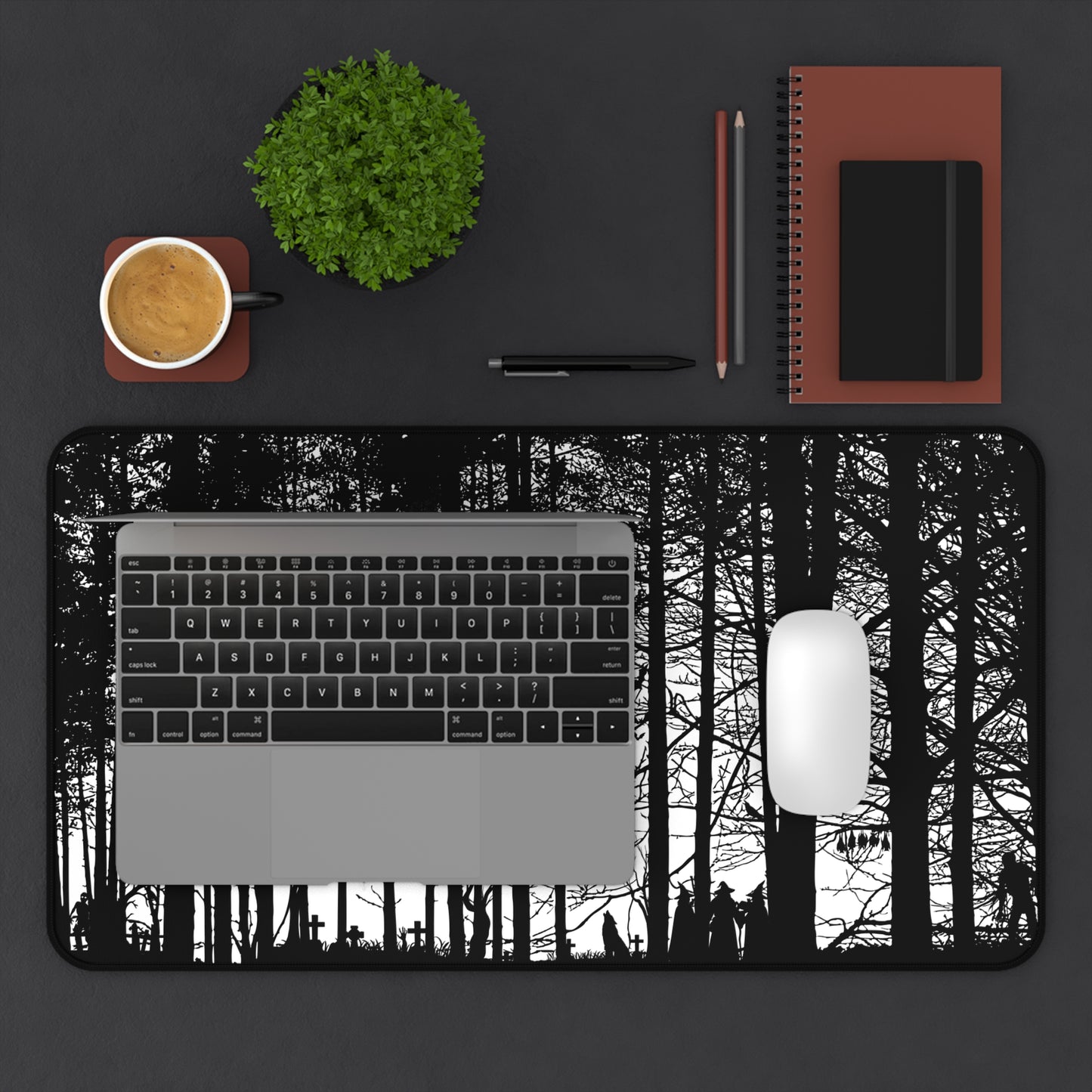 Haunted Woods Silhouette Desk Mat — Black & White Woodland Gaming/Office Mouse Pad